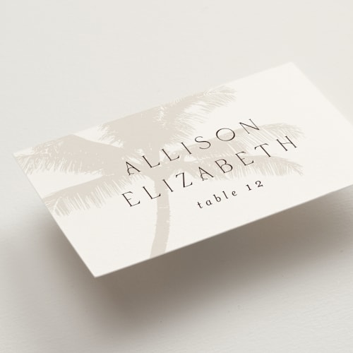 This is a ecru wedding place cards with standard by AK Graphics called palm printing on signature in placecard