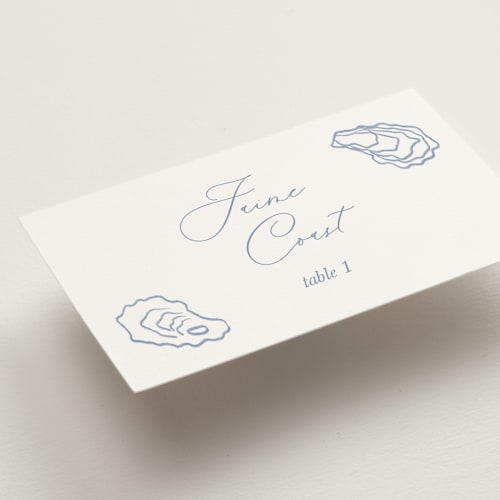 This is a oyster blue wedding place cards with standard by Cotton and Bow called i found my pearl printing on signature in placecard