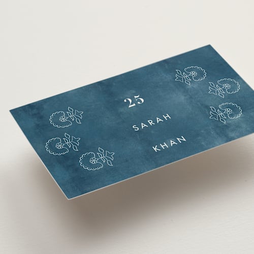 This is a indigo wedding place cards with standard by Nazia Hyder called kantha quilt printing on signature in placecard