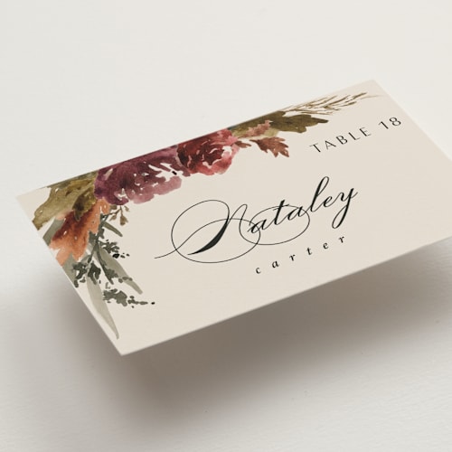 This is a autumn wedding place cards with standard by Kate Ahn called poetique printing on signature in placecard