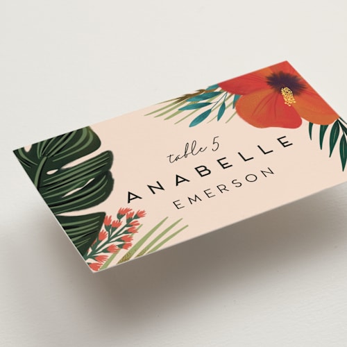 This is a coral wedding place cards with standard by Joanna Griffin called tropical oasis printing on signature in placecard