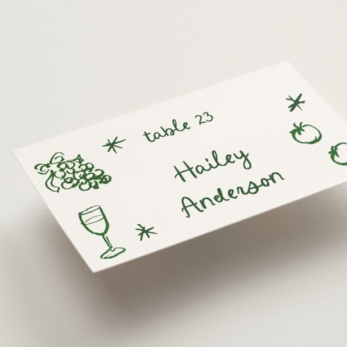 This is a forest wedding place cards with standard by Cass Loh called inky printing on signature in placecard