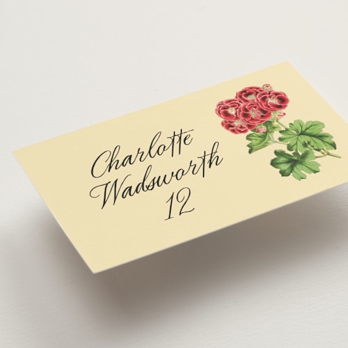 This is a crimson wedding place cards with standard by Kamala Nahas called vintage flower printing on signature in placecard