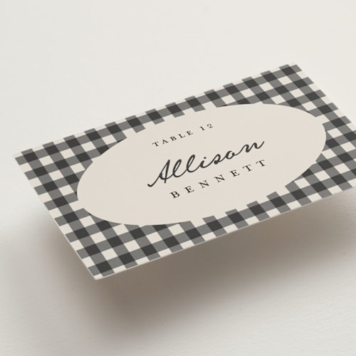 This is a chalkboard wedding place cards with standard by Kelly Watkins called gingham printing on signature in placecard