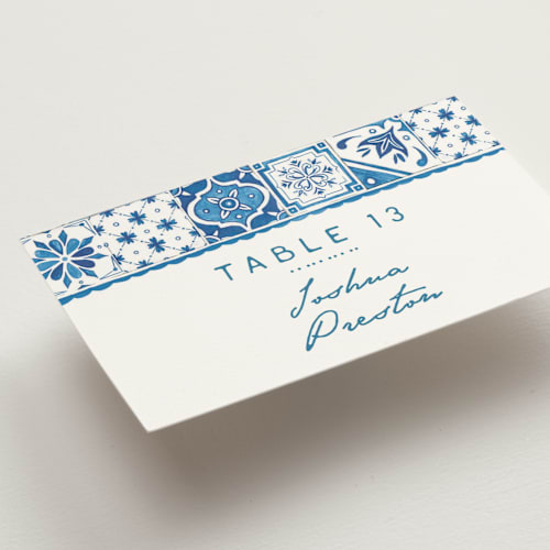 This is a navy wedding place cards with standard by Anastasia Makarova called watercolor tile printing on signature in placecard