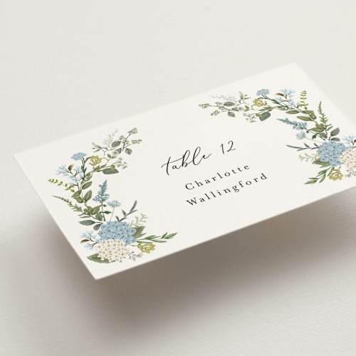 This is a coastal wedding place cards with standard by Susan Moyal called hydrangea vine printing on signature in placecard