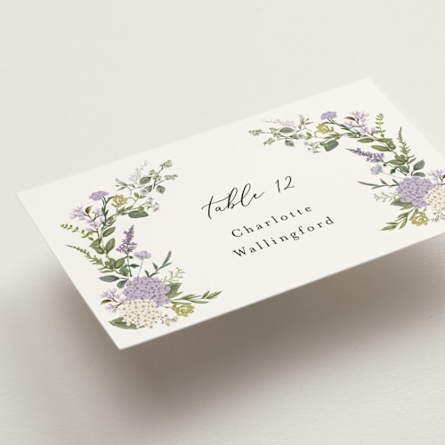 This is a violet mist wedding place cards with standard by Susan Moyal called hydrangea vine printing on signature in placecard