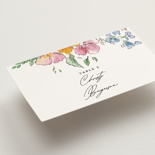This is a tropical wedding place cards with standard by Itsy Belle Studio called floral pop printing on signature in placecard