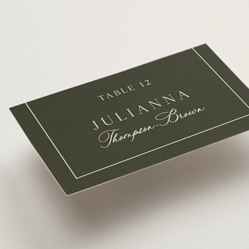 This is a deep olive wedding place cards with standard by Nicole Walsh called refined printing on signature in placecard