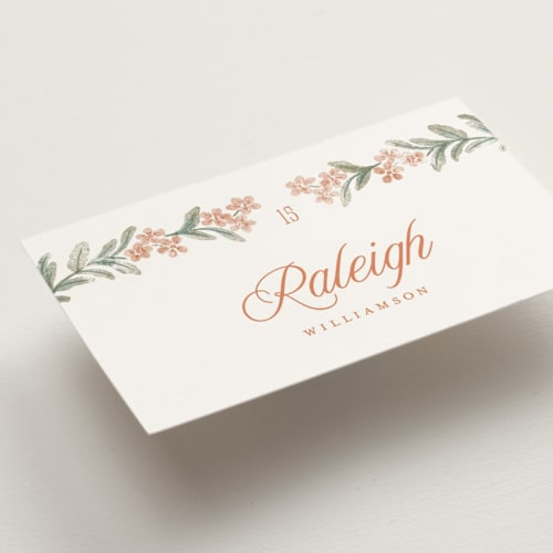 This is a persimmon wedding place cards with standard by Jenna Holcomb called vintage sketched printing on signature in placecard