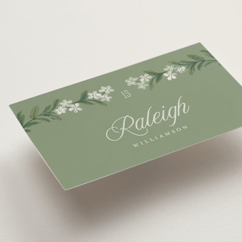 This is a sage wedding place cards with standard by Jenna Holcomb called vintage sketched printing on signature in placecard
