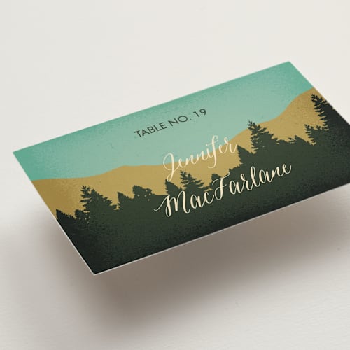 This is a forest wedding place cards with standard by Nam Bourassa called mountain view printing on signature in placecard