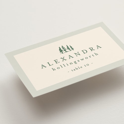 This is a pine wedding place cards with standard by Amy Kross called blue ridge printing on signature in placecard