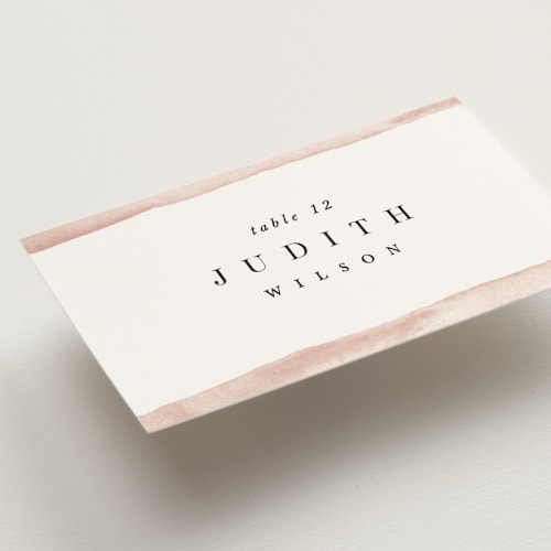 This is a blush wedding place cards with standard by Pixel and Hank called first love printing on signature in placecard
