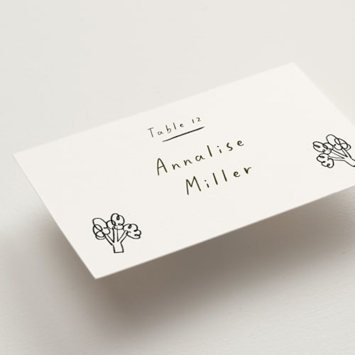 This is a charcoal wedding place cards with standard by Ani Somi called bon vivant printing on signature in placecard