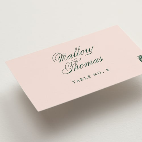This is a rose wedding place cards with standard by Megan Davis called hepburn printing on signature in placecard