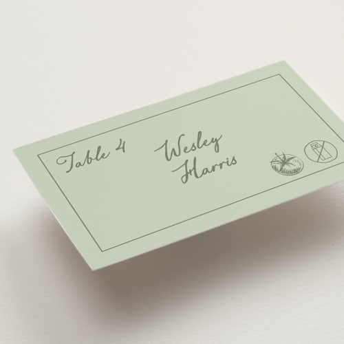 This is a mint wedding place cards with standard by Sherley Ferreira called olive printing on signature in placecard