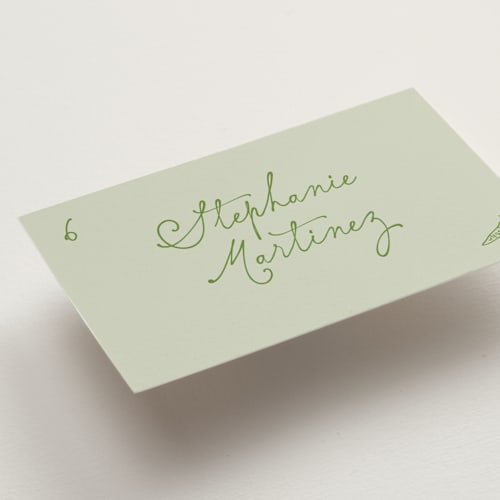 This is a moss wedding place cards with standard by Creo Study called handwritten chic printing on signature in placecard