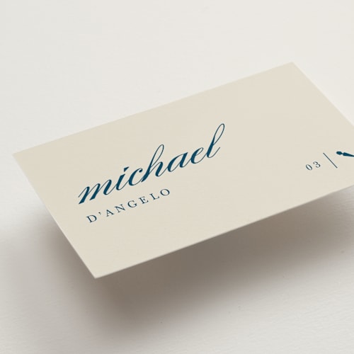 This is a linen wedding place cards with standard by Sierra Lee called scripted printing on signature in placecard
