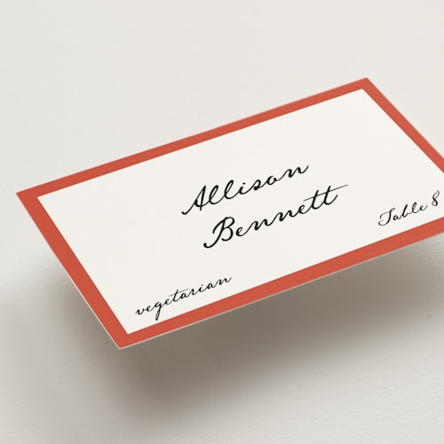 This is a strawberry wedding place cards with standard by Kelly Watkins called juniper printing on signature in placecard