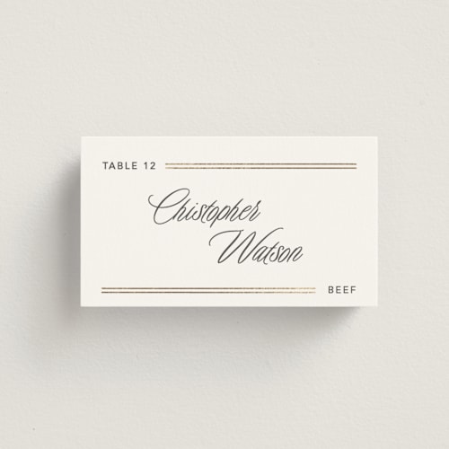 This is a quartz wedding place cards with foil pressed by Creo Study called formal lines printing on signature in placecard