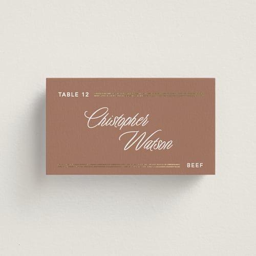 This is a mocha wedding place cards with foil pressed by Creo Study called formal lines printing on signature in placecard