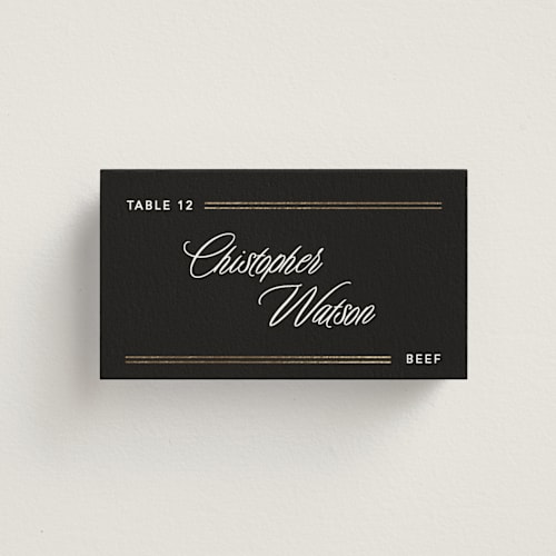This is a noir wedding place cards with foil pressed by Creo Study called formal lines printing on signature in placecard