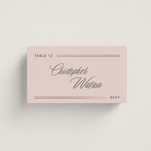 This is a powder pink wedding place cards with foil pressed by Creo Study called formal lines printing on signature in placecard