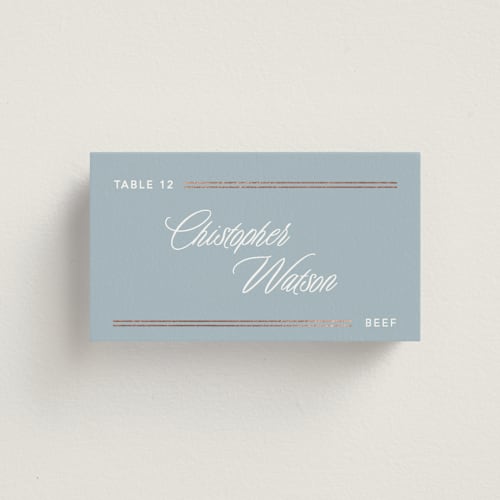This is a lagoon wedding place cards with foil pressed by Creo Study called formal lines printing on signature in placecard