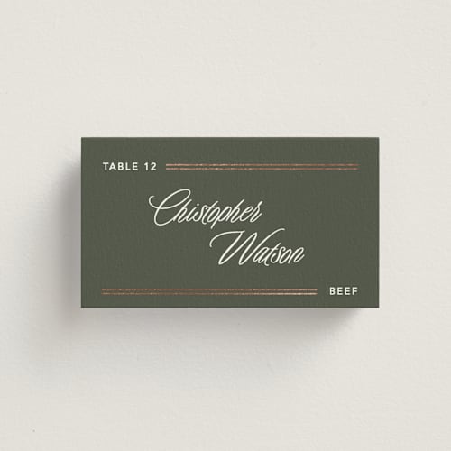 This is a forest wedding place cards with foil pressed by Creo Study called formal lines printing on signature in placecard