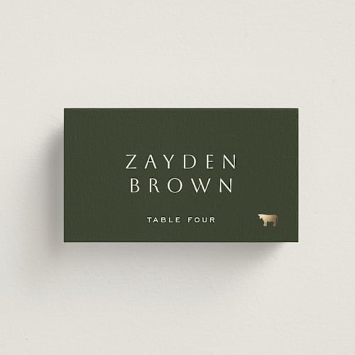 This is a pine wedding place cards with foil pressed by Sierra Lee called twilight printing on signature in placecard
