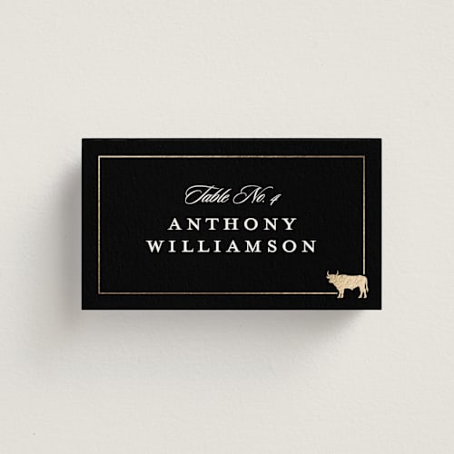 This is a licorice wedding place cards with foil pressed by Stacy Maalouf called foil meal silhouettes printing on signature in placecard
