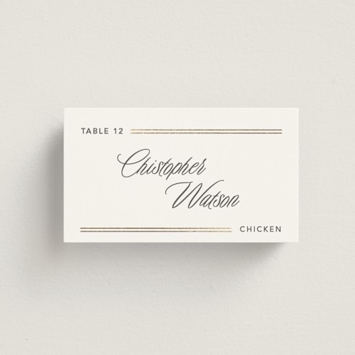 This is a quartz wedding place cards with foil pressed by Creo Study called formal lines printing on signature in placecard