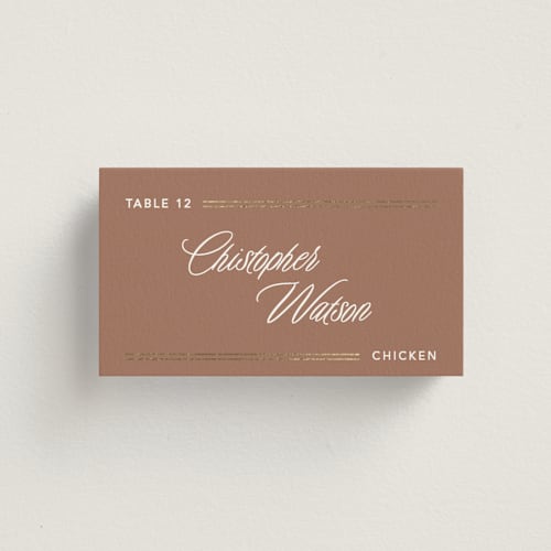 This is a mocha wedding place cards with foil pressed by Creo Study called formal lines printing on signature in placecard