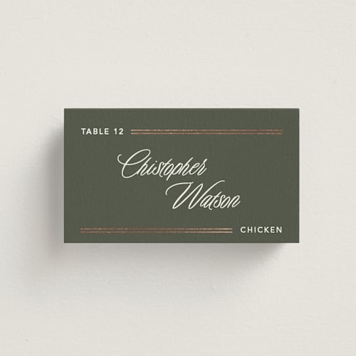 This is a forest wedding place cards with foil pressed by Creo Study called formal lines printing on signature in placecard