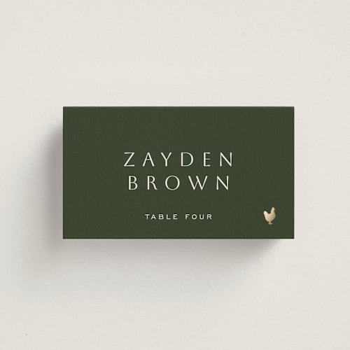 This is a pine wedding place cards with foil pressed by Sierra Lee called twilight printing on signature in placecard