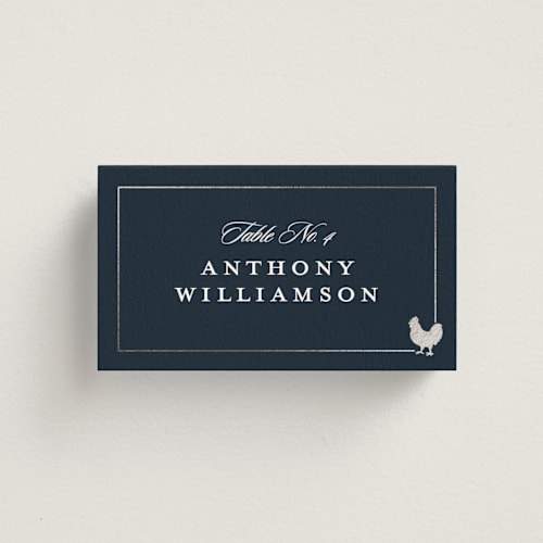 This is a blueberry wedding place cards with foil pressed by Stacy Maalouf called foil meal silhouettes printing on signature in placecard