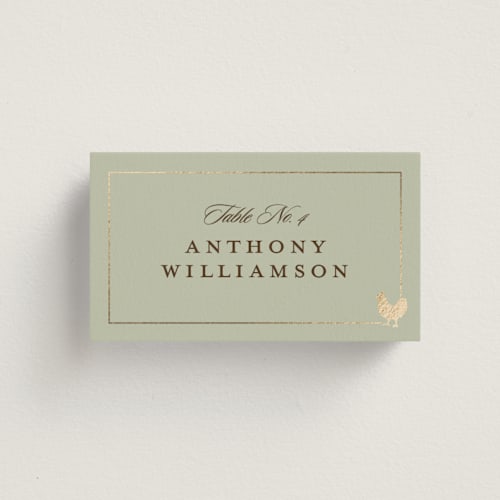 This is a sage wedding place cards with foil pressed by Stacy Maalouf called foil meal silhouettes printing on signature in placecard
