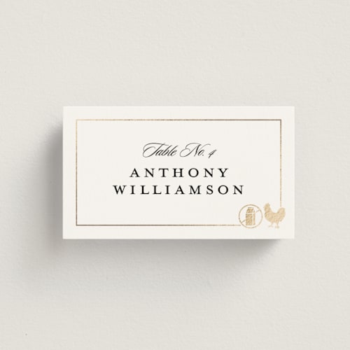 This is a vanilla wedding place cards with foil pressed by Stacy Maalouf called foil meal silhouettes printing on signature in placecard