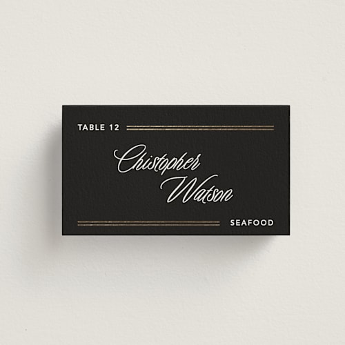 This is a noir wedding place cards with foil pressed by Creo Study called formal lines printing on signature in placecard