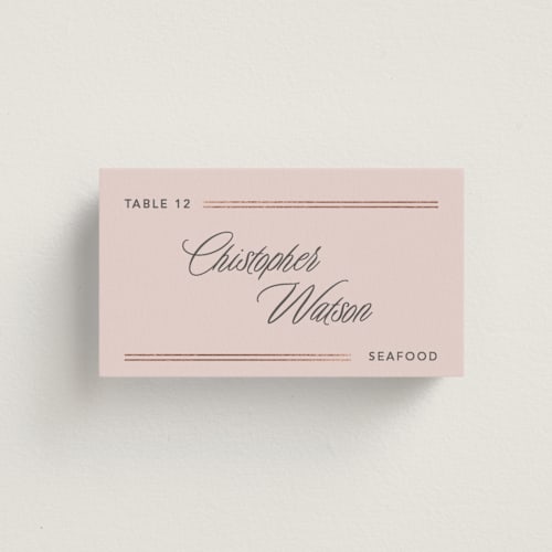 This is a powder pink wedding place cards with foil pressed by Creo Study called formal lines printing on signature in placecard