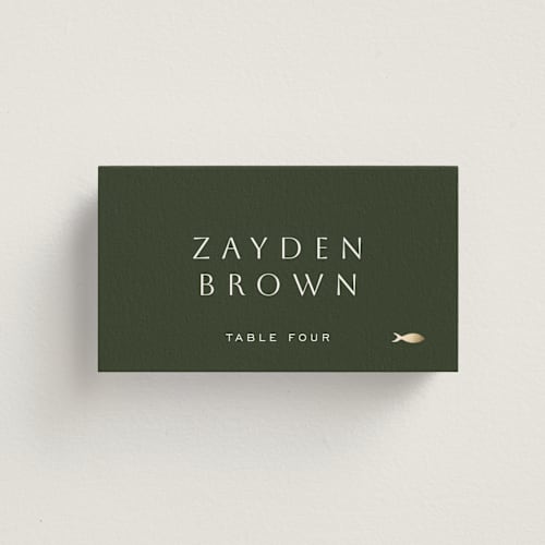This is a pine wedding place cards with foil pressed by Sierra Lee called twilight printing on signature in placecard