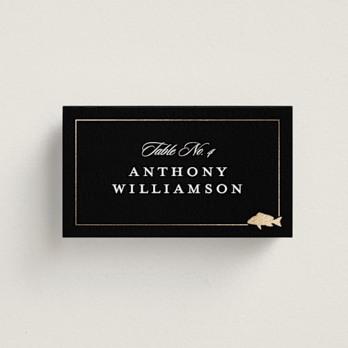 This is a licorice wedding place cards with foil pressed by Stacy Maalouf called foil meal silhouettes printing on signature in placecard
