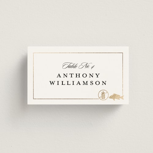 This is a vanilla wedding place cards with foil pressed by Stacy Maalouf called foil meal silhouettes printing on signature in placecard