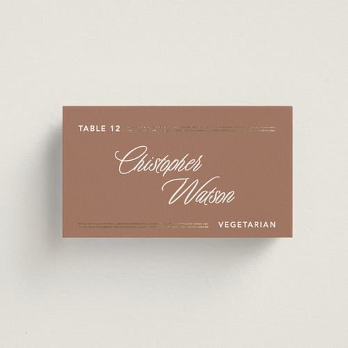 This is a mocha wedding place cards with foil pressed by Creo Study called formal lines printing on signature in placecard