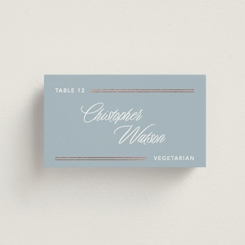 This is a lagoon wedding place cards with foil pressed by Creo Study called formal lines printing on signature in placecard