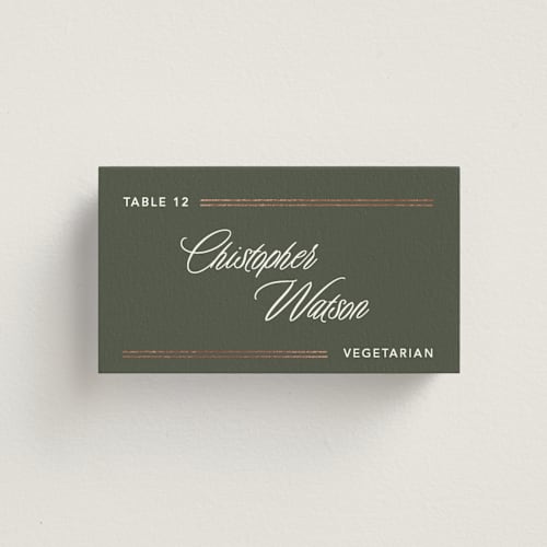 This is a forest wedding place cards with foil pressed by Creo Study called formal lines printing on signature in placecard