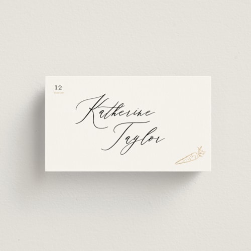 This is a ivory wedding place cards with foil pressed by Creo Study called gilded icons printing on signature in placecard