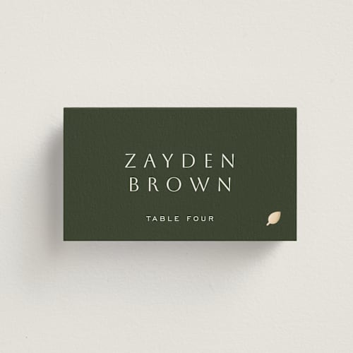 This is a pine wedding place cards with foil pressed by Sierra Lee called twilight printing on signature in placecard