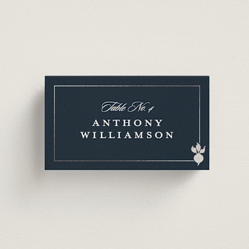 This is a blueberry wedding place cards with foil pressed by Stacy Maalouf called foil meal silhouettes printing on signature in placecard